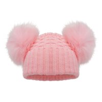 H670-BP: Baby Pink Checked Hat w/Pom Poms (0-12m)